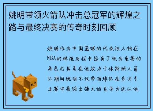 姚明带领火箭队冲击总冠军的辉煌之路与最终决赛的传奇时刻回顾